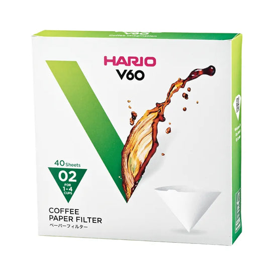 Caixa com 40 filtros de papel Hario V60 02 branqueados.
